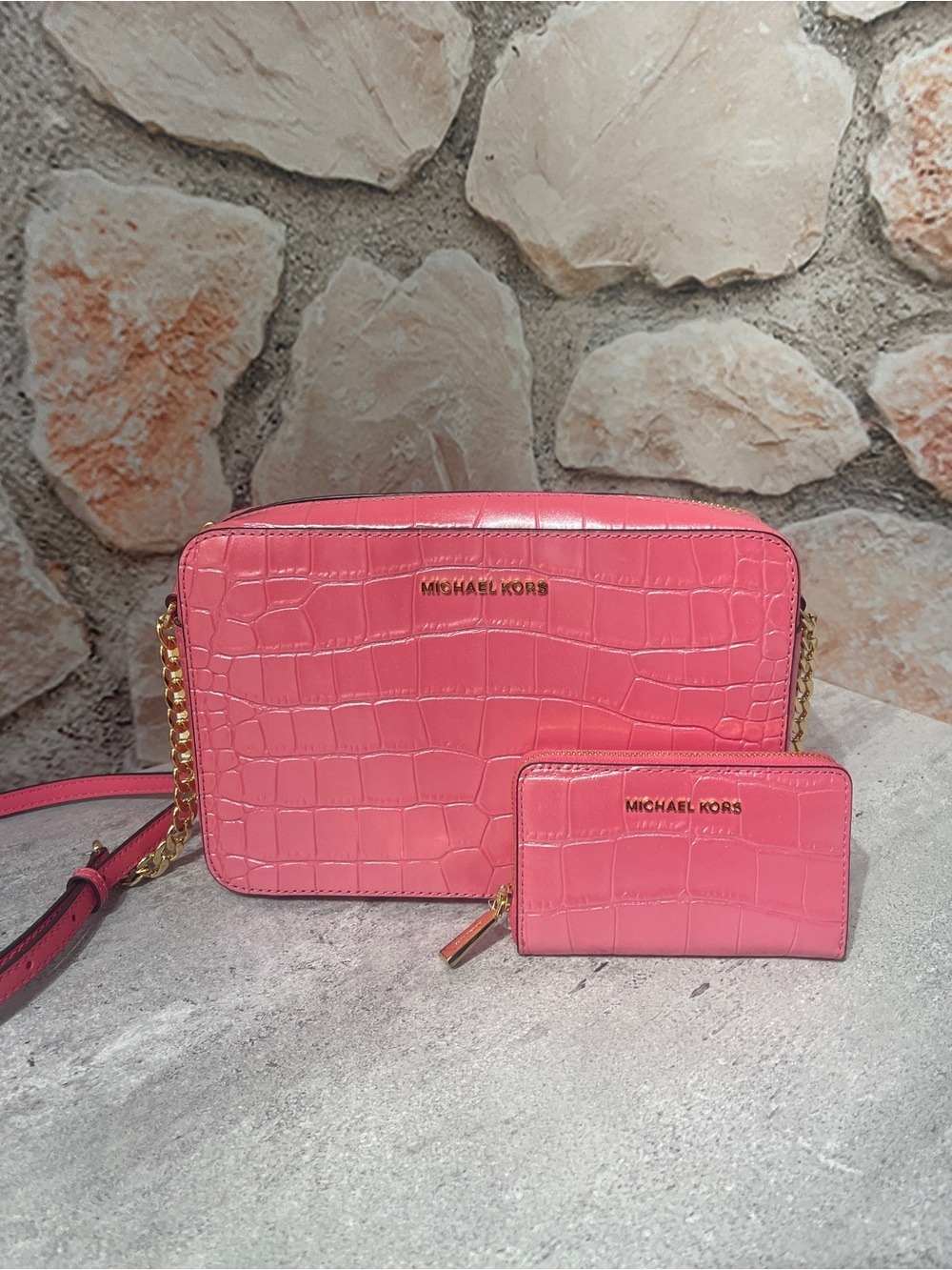 Michael Kors Croc-Embossed Crossbody & Matching Wallet Camila Rose Pink